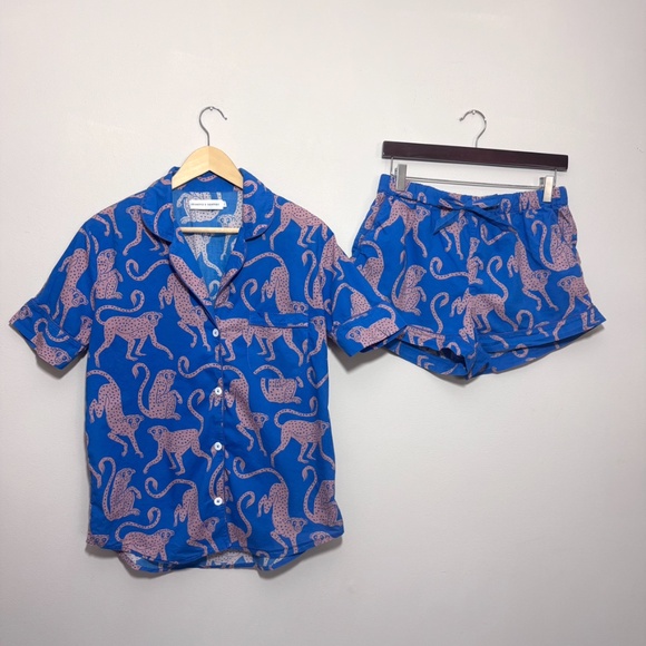 Desmond & Dempsey Monkey Pajama Short Set Chango Blue/Pink Size Large - Picture 4 of 16